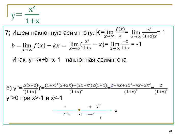  7) Ищем наклонную асимптоту: k= Итак, у=kx+b=х-1 наклонная асимптота - + -1 y′′