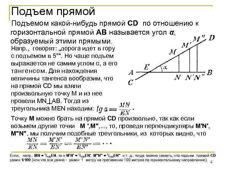 Подъем прямой Подъемом какой-нибудь прямой CD по отношению к горизонтальной прямой АВ называется угол