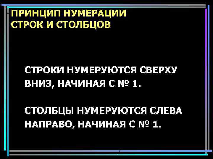 ПРИНЦИП НУМЕРАЦИИ СТРОК И СТОЛБЦОВ СТРОКИ НУМЕРУЮТСЯ СВЕРХУ ВНИЗ, НАЧИНАЯ С № 1. СТОЛБЦЫ