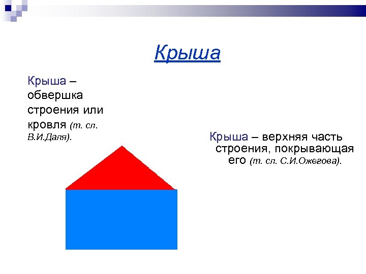 Крыша – обвершка строения или кровля (т. сл. В. И. Даля). Крыша – верхняя