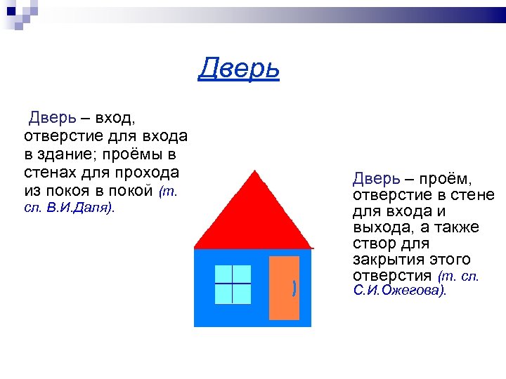 Дверь – вход, отверстие для входа в здание; проёмы в стенах для прохода из