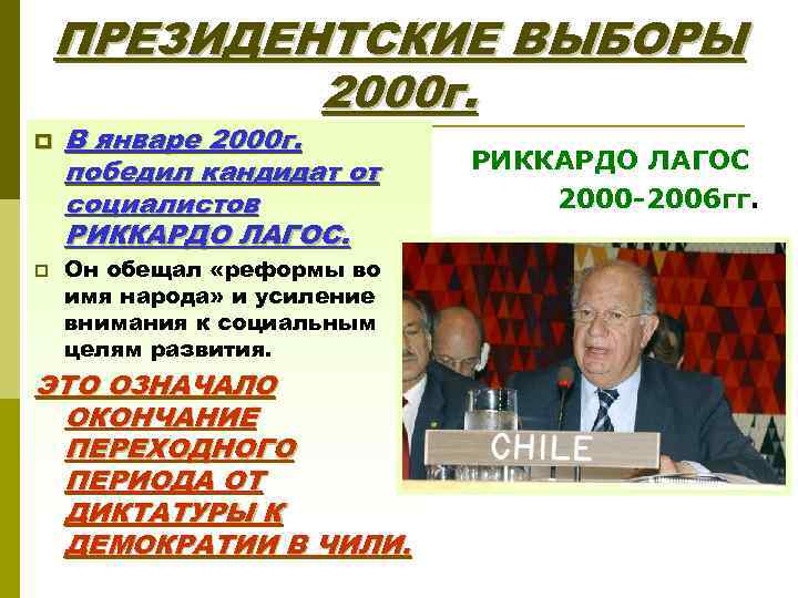 ПРЕЗИДЕНТСКИЕ ВЫБОРЫ 2000 г. p p В январе 2000 г. победил кандидат от социалистов