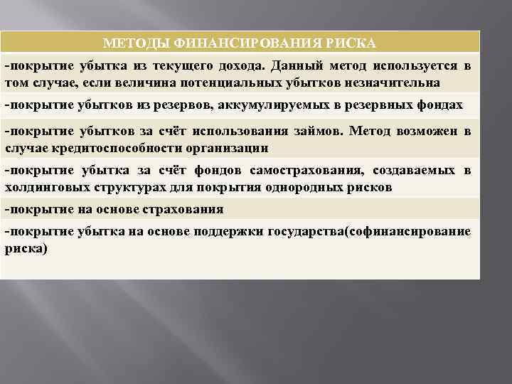 МЕТОДЫ ФИНАНСИРОВАНИЯ РИСКА -покрытие убытка из текущего дохода. Данный метод используется в том случае,
