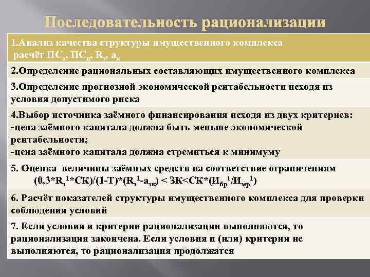 Последовательность рационализации 1. Анализ качества структуры имущественного комплекса расчёт ПСа, ПСп, Rэ, ак 2.