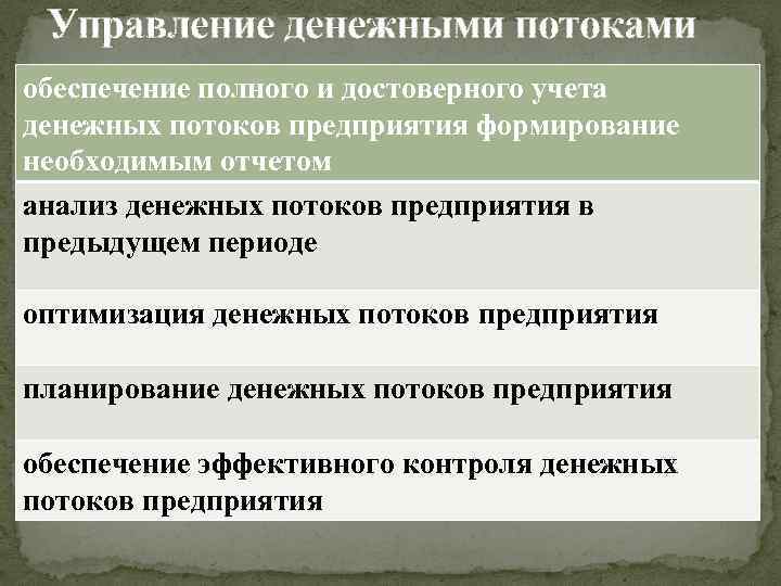 Управление денежными потоками обеспечение полного и достоверного учета денежных потоков предприятия формирование необходимым отчетом