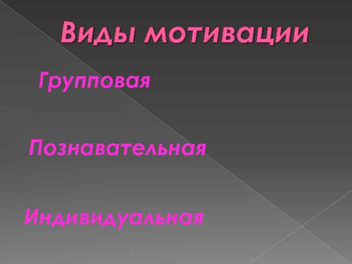 Виды мотивации Групповая Познавательная Индивидуальная 