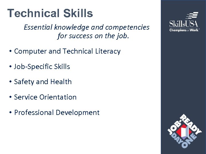 Technical Skills Essential knowledge and competencies for success on the job. • Computer and