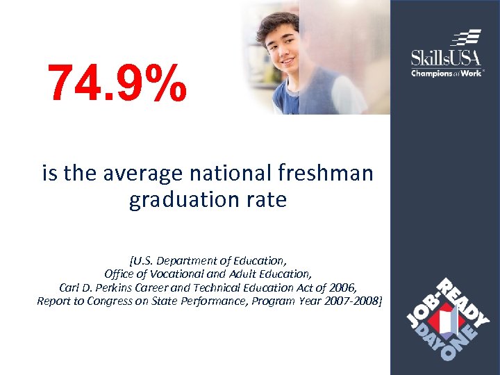 74. 9% is the average national freshman graduation rate [U. S. Department of Education,