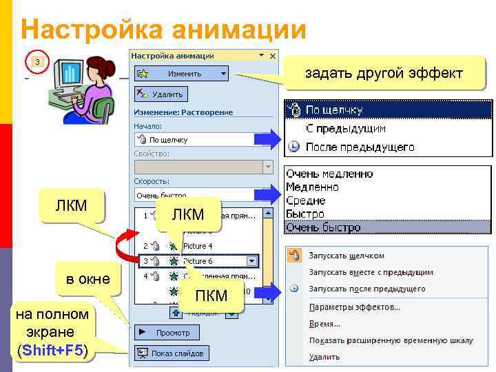 Настройка анимации задать другой эффект ЛКМ в окне ПКМ на полном экране (Shift+F 5)