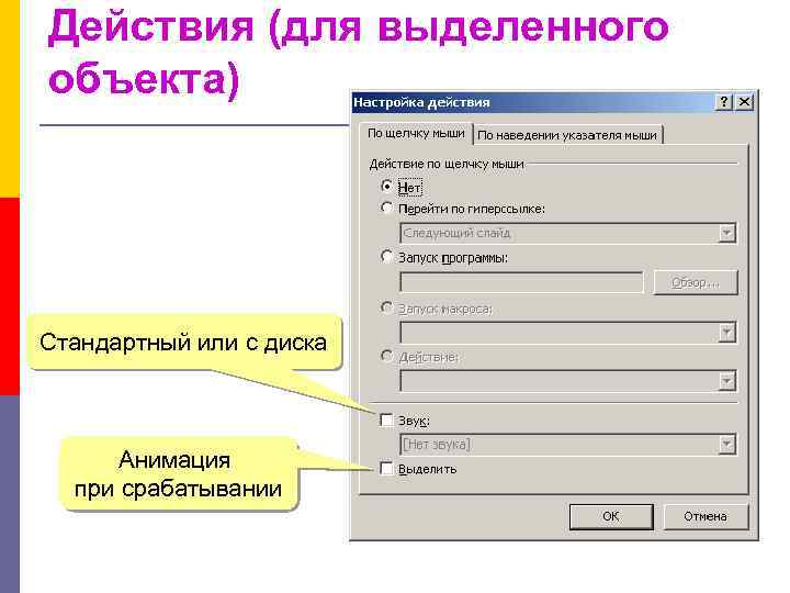 Действия (для выделенного объекта) Стандартный или с диска Анимация при срабатывании 