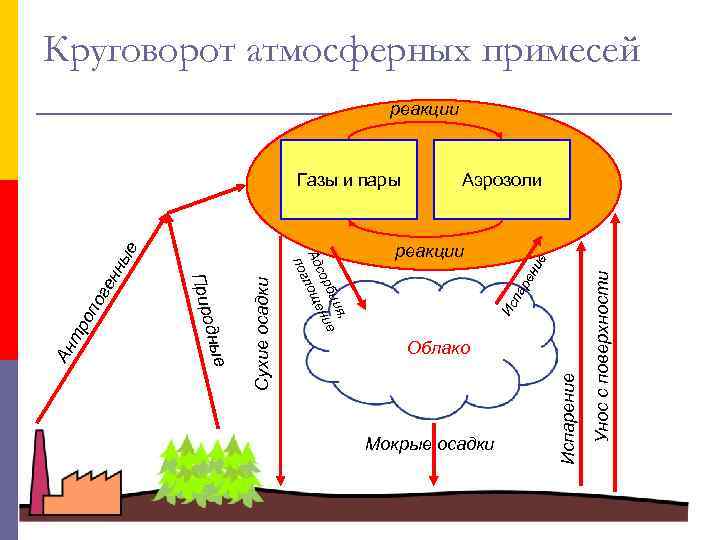 Круговорот атмосферных примесей реакции Аэрозоли Мокрые осадки Испарение Облако Унос с поверхности ре н