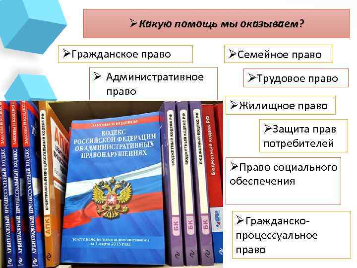 ØКакую помощь мы оказываем? ØГражданское право Ø Административное право ØСемейное право ØТрудовое право ØЖилищное