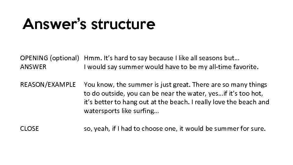 Answer’s structure OPENING (optional) Hmm. It’s hard to say because I like all seasons