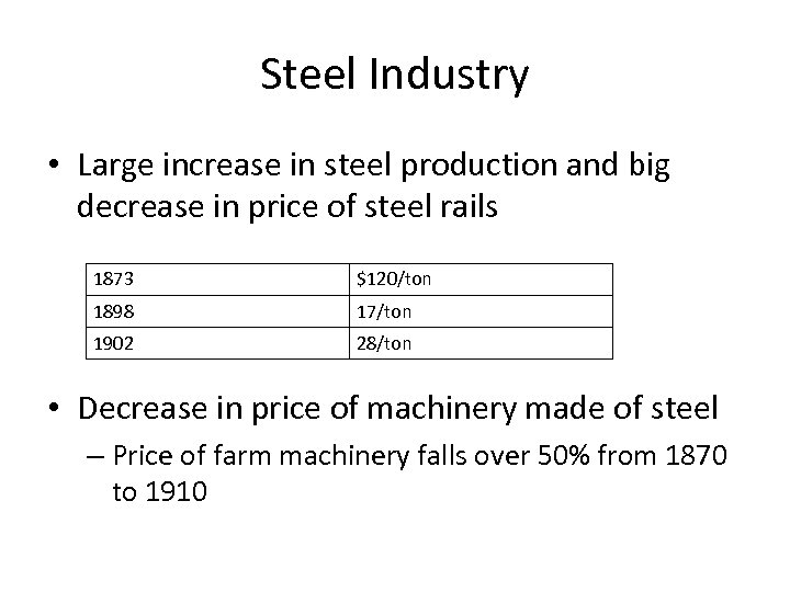 Steel Industry • Large increase in steel production and big decrease in price of