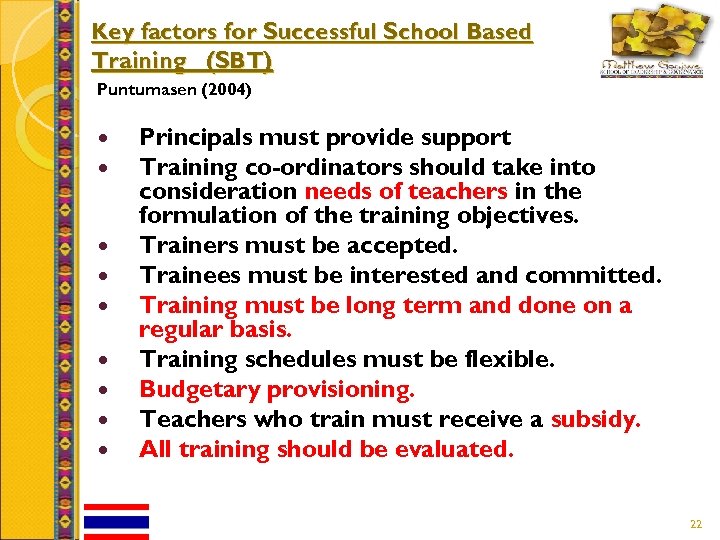 Key factors for Successful School Based Training (SBT) Puntumasen (2004) Principals must provide support