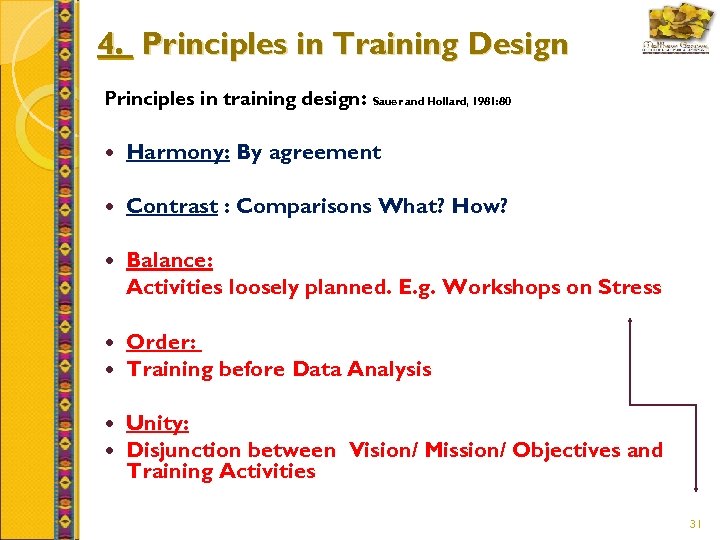 4. Principles in Training Design Principles in training design: Sauer and Hollard, 1981: 80
