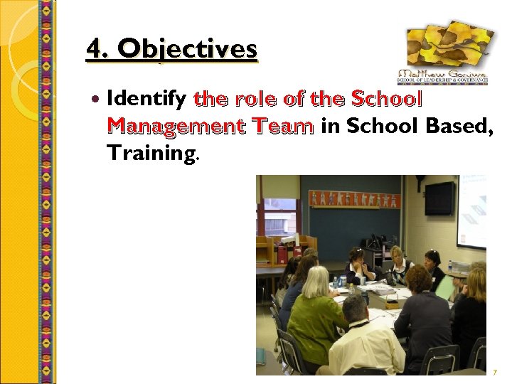 4. Objectives Identify the role of the School Management Team in School Based, Training.