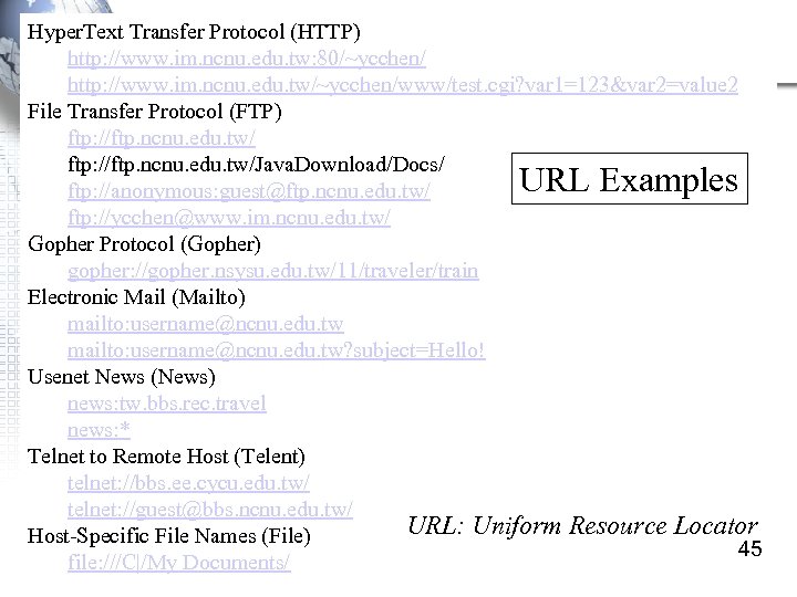 Hyper. Text Transfer Protocol (HTTP) http: //www. im. ncnu. edu. tw: 80/~ycchen/ http: //www.
