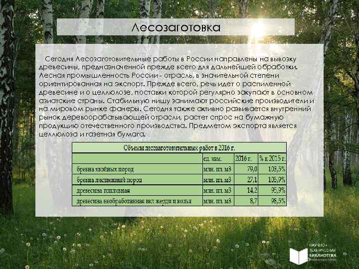 Лесозаготовка Сегодня Лесозаготовительные работы в России направлены на вывозку древесины, предназначенной прежде всего для