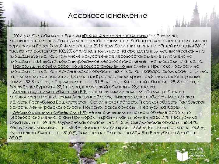 Лесовосстановление 2016 год был объявлен в России «Годом лесовосстановления» и работам по лесовосстановлению было
