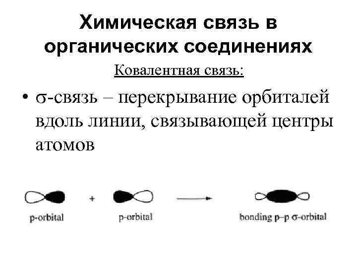 Химическая связь в органических соединениях Ковалентная связь: • -связь – перекрывание орбиталей вдоль линии,