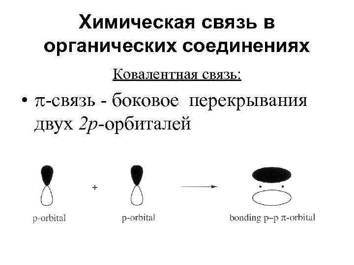 Химическая связь в органических соединениях Ковалентная связь: • -связь - боковое перекрывания двух 2