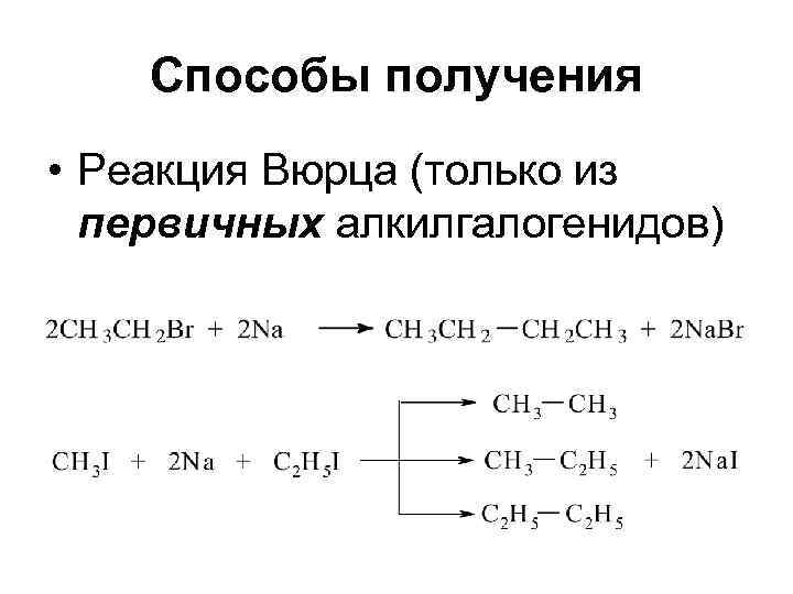 Способы получения • Реакция Вюрца (только из первичных алкилгалогенидов) 