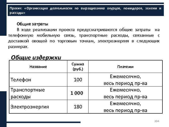 Проект: «Организация деятельности по выращиванию огурцов, помидоров, зелени и ххххх рассады» Общие затраты В