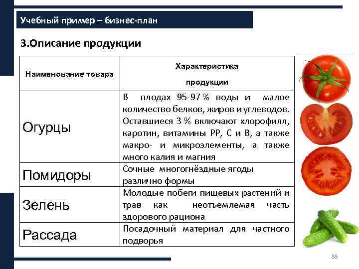 Составление маркетингового плана Содержание бизнес-плана Учебный пример – бизнес-план 3. Описание продукции Наименование товара