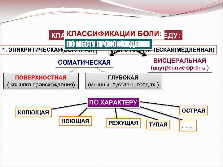 КЛАССИФИКАЦИИ БОЛИ: КЛАССИФИКАЦИЯ БОЛИ ПО ГЕДУ: ПО МЕСТУ ПРОИСХОЖДЕНИЯ 1. ЭПИКРИТИЧЕСКАЯ(БЫСТРАЯ) 2. ПРОТОПАТИЧЕСКАЯ(МЕДЛЕННАЯ) СОМАТИЧЕСКАЯ