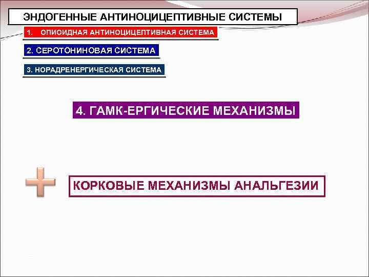 ЭНДОГЕННЫЕ АНТИНОЦИЦЕПТИВНЫЕ СИСТЕМЫ 1. ОПИОИДНАЯ АНТИНОЦИЦЕПТИВНАЯ СИСТЕМА 2. СЕРОТОНИНОВАЯ СИСТЕМА 3. НОРАДРЕНЕРГИЧЕСКАЯ СИСТЕМА 4.