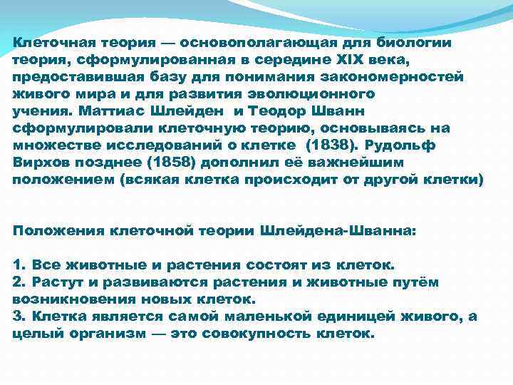 Клеточная теория — основополагающая для биологии теория, сформулированная в середине XIX века, предоставившая базу