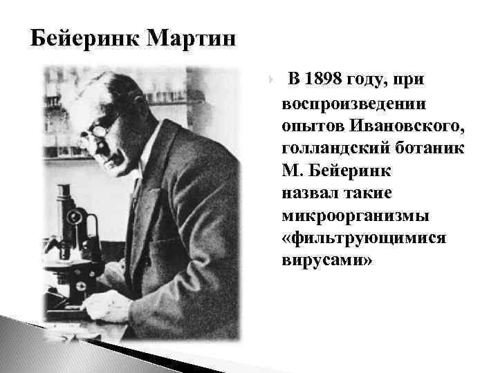 Бейеринк Мартин В 1898 году, при воспроизведении опытов Ивановского, голландский ботаник М. Бейеринк назвал