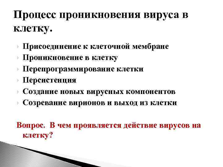 Процесс проникновения вируса в клетку. Присоединение к клеточной мембране Проникновение в клетку Перепрограммирование клетки