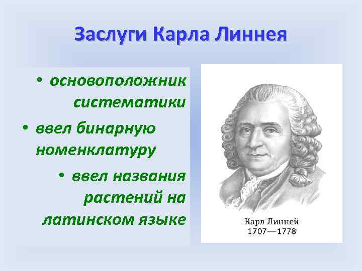 Заслуги Карла Линнея • основоположник систематики • ввел бинарную номенклатуру • ввел названия растений