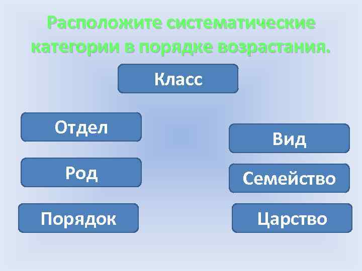 Расположите систематические категории в порядке возрастания. Класс Отдел Вид Род Семейство Порядок Царство 