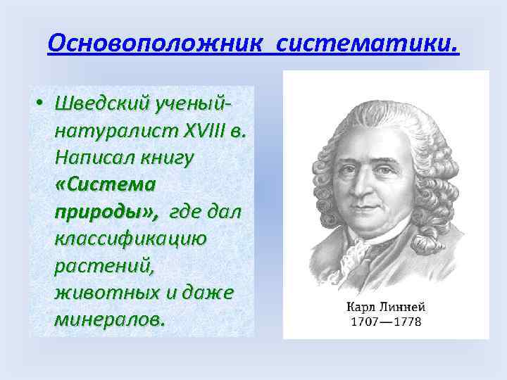 Основоположник систематики. • Шведский ученыйнатуралист XVIII в. Написал книгу «Система природы» , где дал