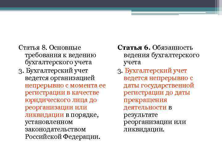 Статья 8. Основные требования к ведению бухгалтерского учета 3. Бухгалтерский учет ведется организацией непрерывно