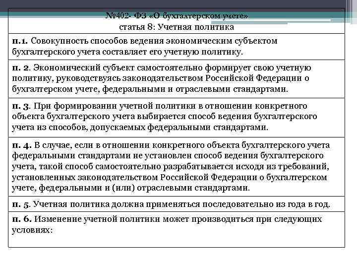 № 402 - ФЗ «О бухгалтерском учете» статья 8: Учетная политика п. 1. Совокупность