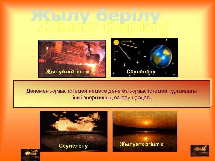 Жылуөткізгіштік Сәулелену Денемен жұмыс істемей немесе дене өзі жұмыс істемей тұрғандағы ішкі энергияның өзгеру