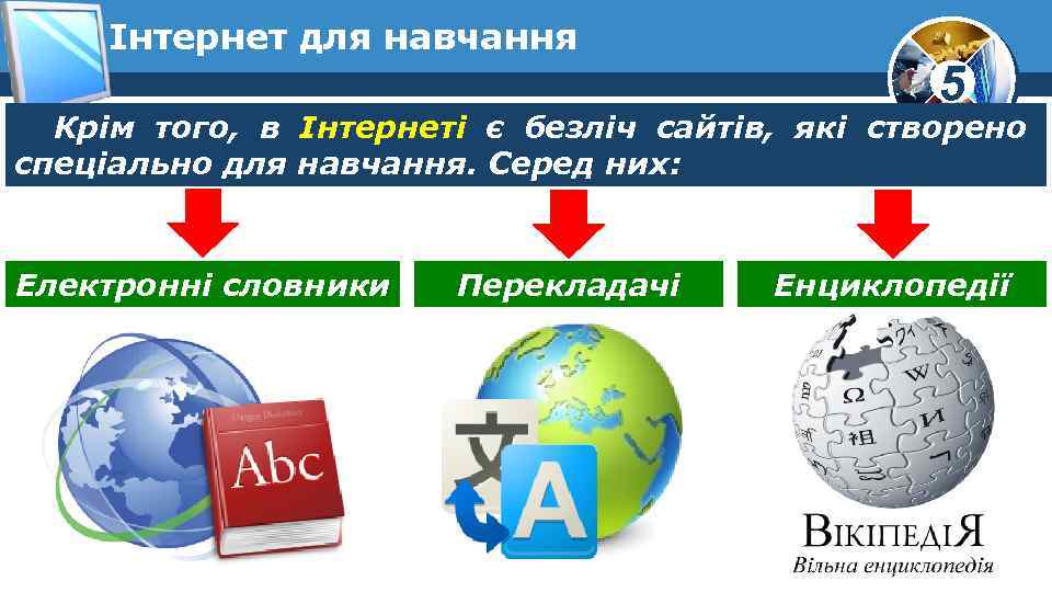 Інтернет для навчання 5 Крім того, в Інтернеті є безліч сайтів, які створено спеціально