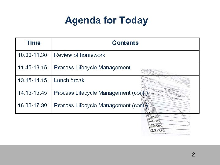 Agenda for Today Time Contents 10. 00 -11. 30 Review of homework 11. 45