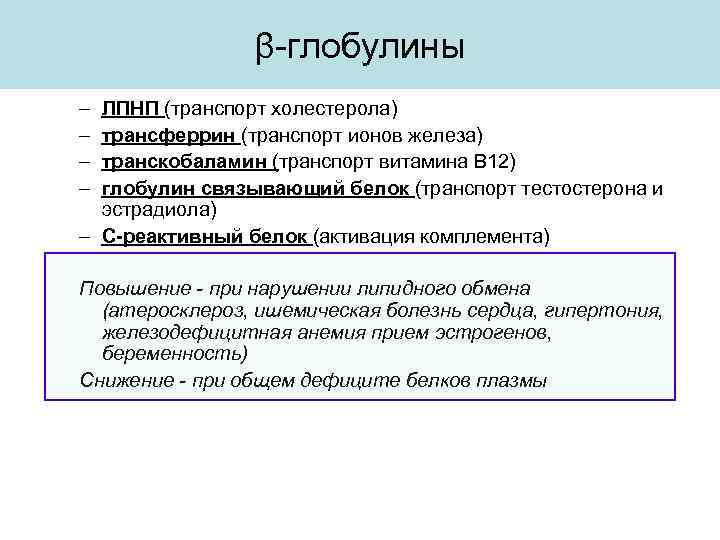 β-глобулины – – ЛПНП (транспорт холестерола) трансферрин (транспорт ионов железа) транскобаламин (транспорт витамина B