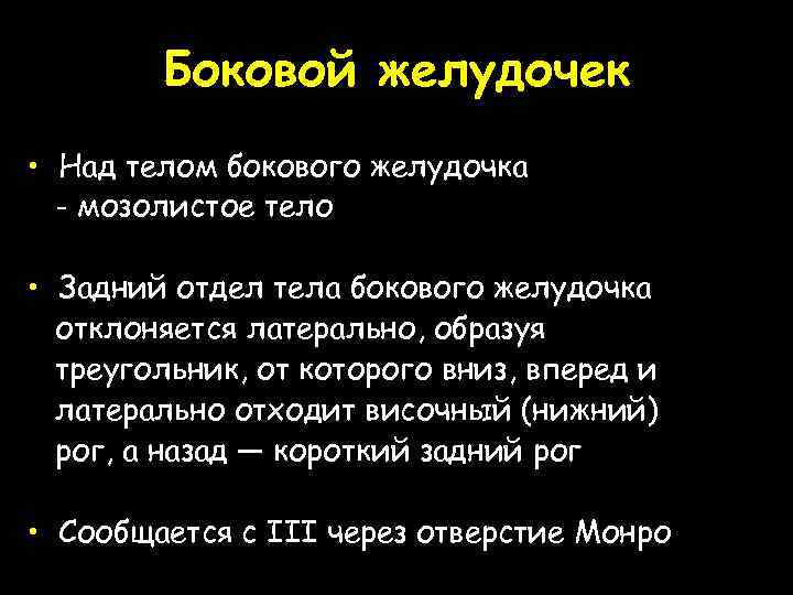 Боковой желудочек • Над телом бокового желудочка - мозолистое тело • Задний отдел тела