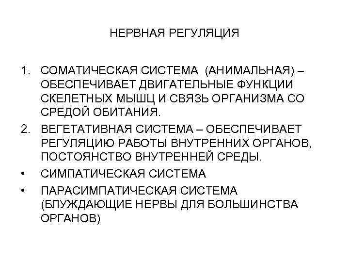 НЕРВНАЯ РЕГУЛЯЦИЯ 1. СОМАТИЧЕСКАЯ СИСТЕМА (АНИМАЛЬНАЯ) – ОБЕСПЕЧИВАЕТ ДВИГАТЕЛЬНЫЕ ФУНКЦИИ СКЕЛЕТНЫХ МЫШЦ И СВЯЗЬ