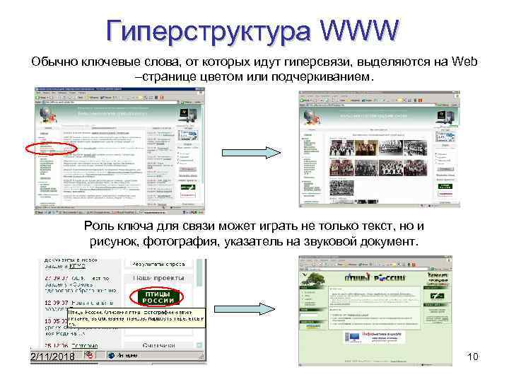 Гиперструктура WWW Обычно ключевые слова, от которых идут гиперсвязи, выделяются на Web –странице цветом