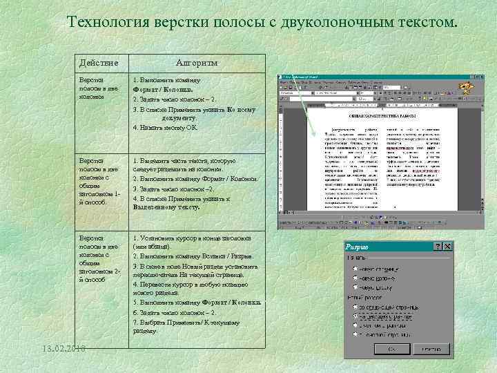 Технология верстки полосы с двуколоночным текстом. Действие Алгоритм Верстка полосы в две колонки 1.