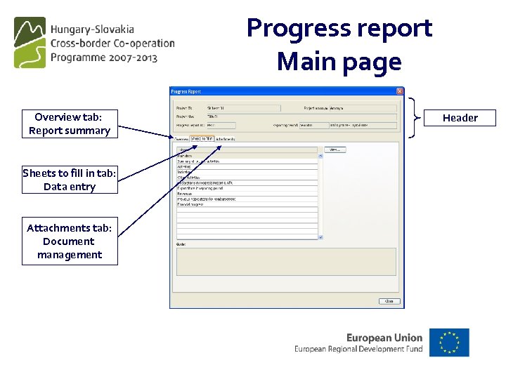 Progress report Main page Overview tab: Report summary Sheets to fill in tab: Data