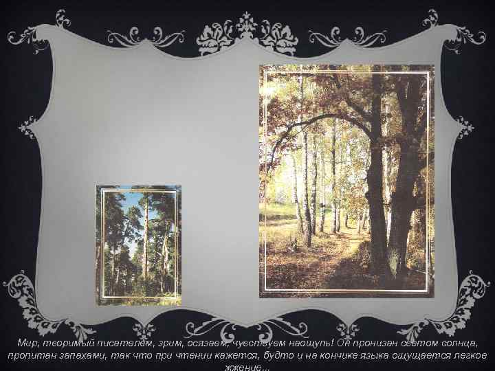 Мир, творимый писателем, зрим, осязаем, чувствуем наощупь! Он пронизан светом солнца, пропитан запахами, так