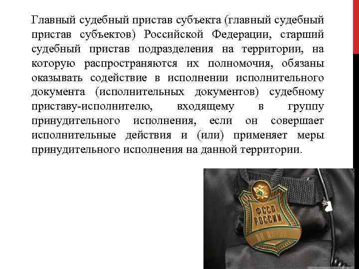 Главный судебный пристав субъекта (главный судебный пристав субъектов) Российской Федерации, старший судебный пристав подразделения